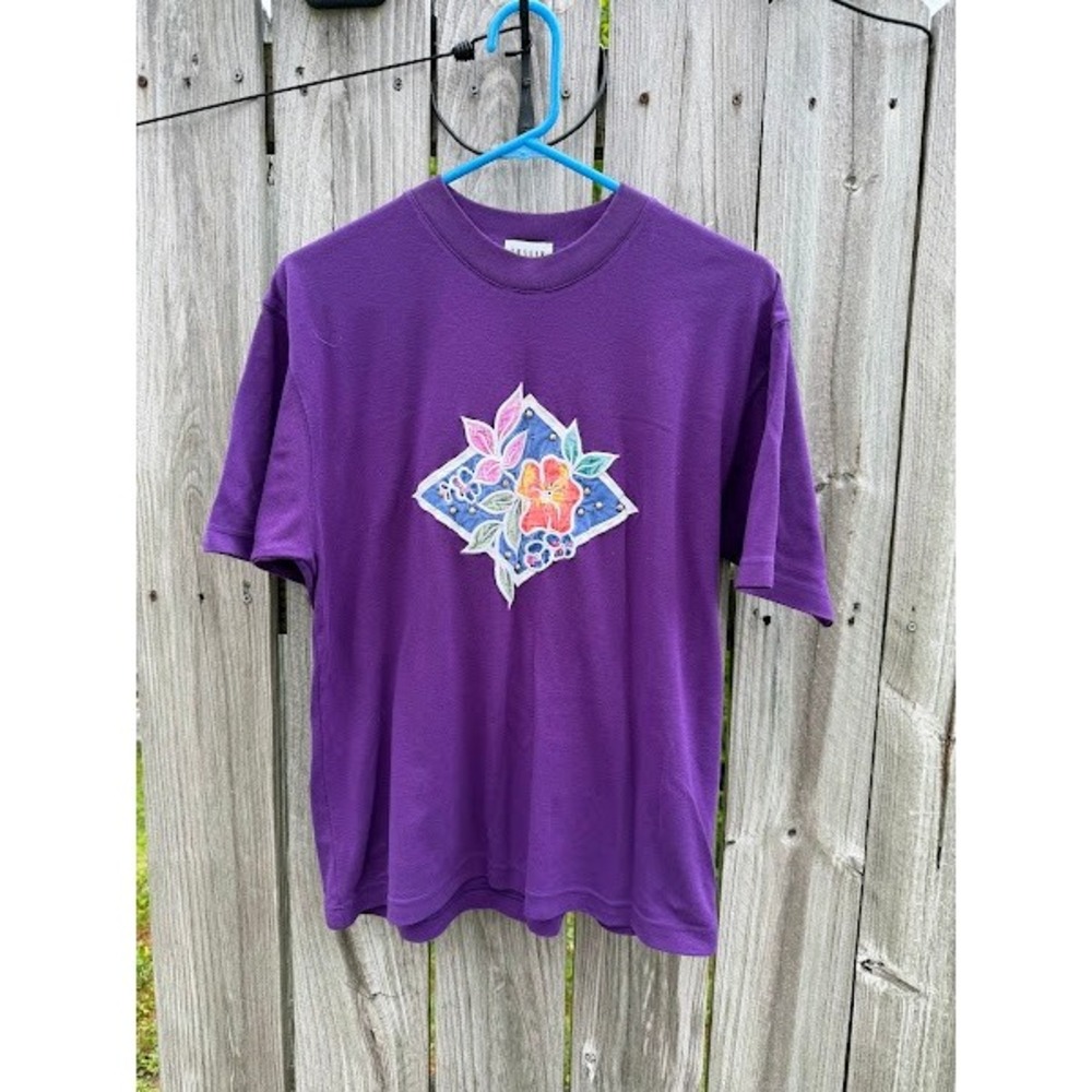Vintage 90s Floral Applique Leslie Fay Sport T-Shirt Womens Medium Purple